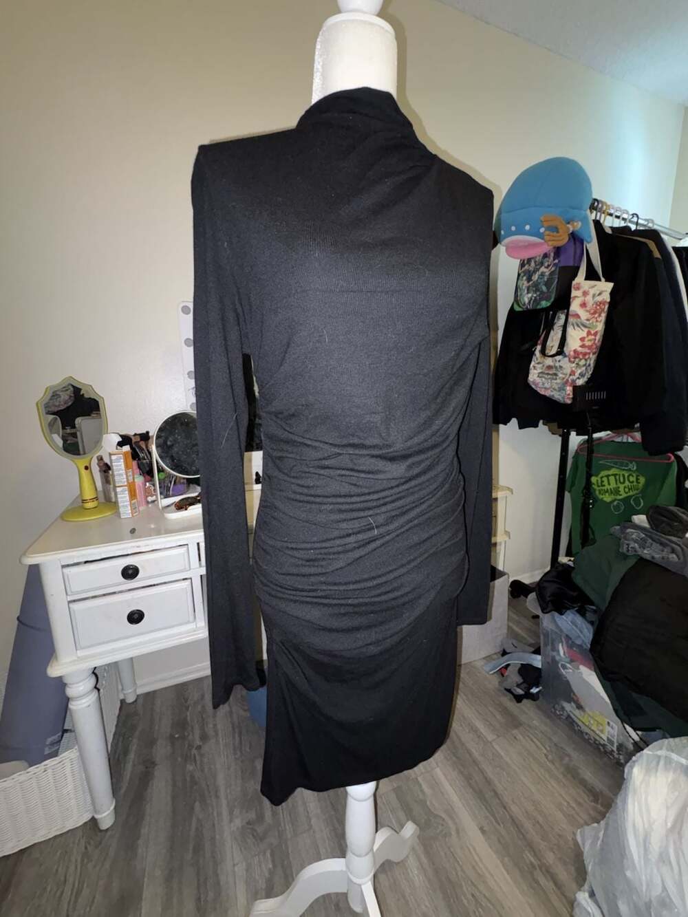 Enza Costa Black Ribbed Mock Neck Ruched Long Sleeve Midi Dress